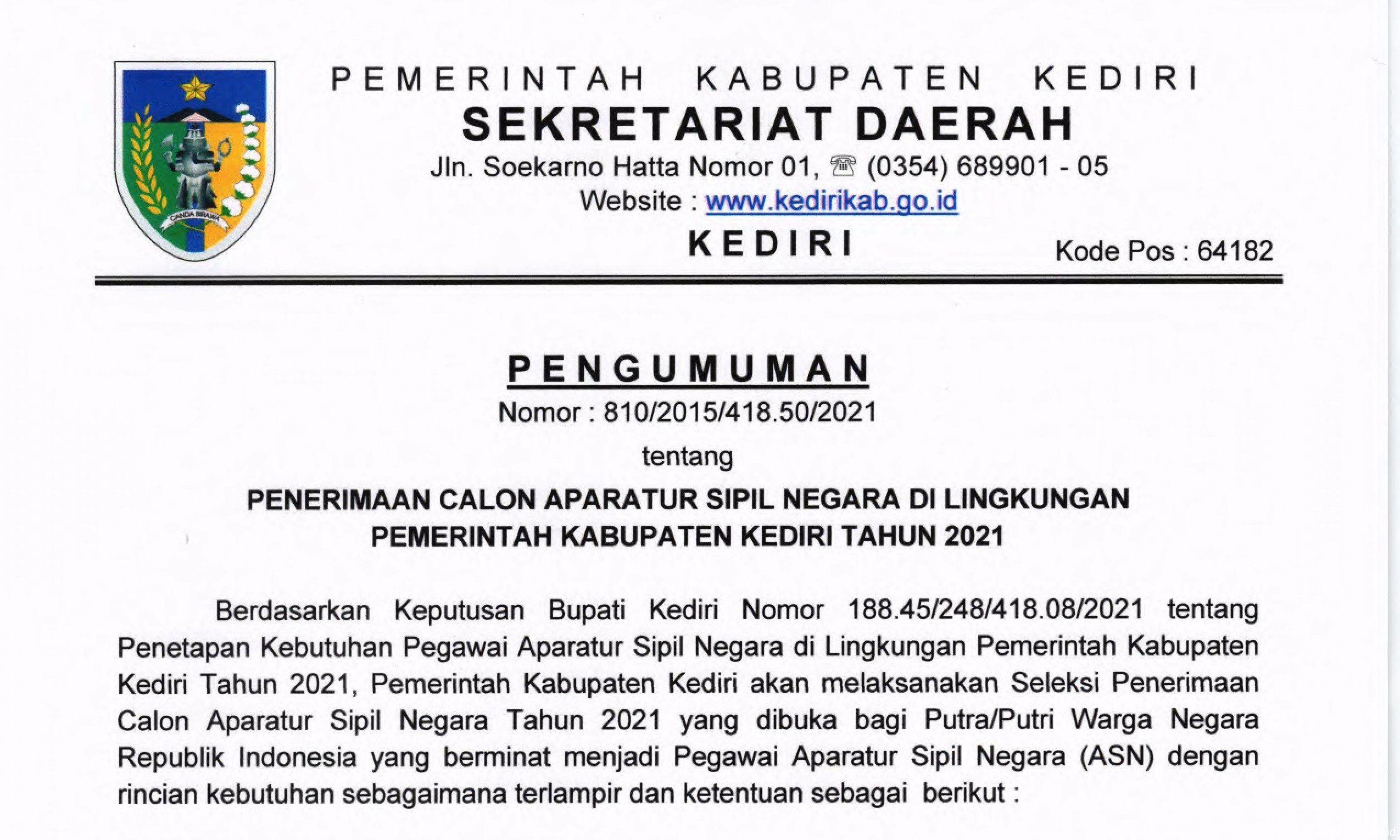 Pengumuman Pendaftaran CASN Kabupaten Kediri 2021