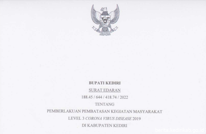 SURAT EDARAN BUPATI PPKM Level 3 Kabupaten Kediri